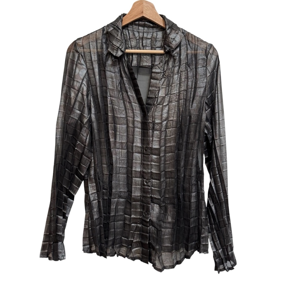 Babette Metallic Crinkle Pleated Snap Blouse Top Women Large Lagenlook